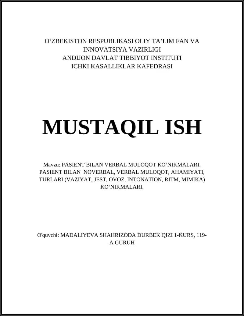 PASIENT BILAN VERBAL MULOQOT KOʻNIKMALARI