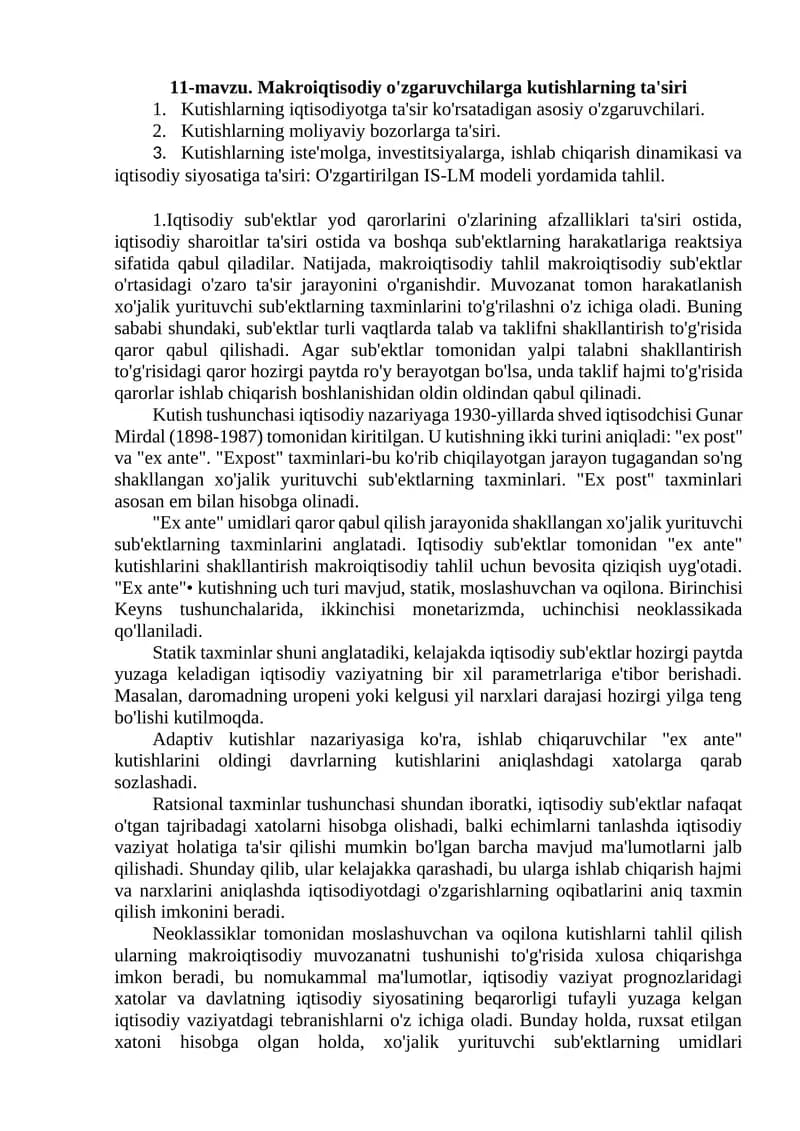 Makroiqtisodiy o'zgaruvchilarga kutishlarning ta'siri