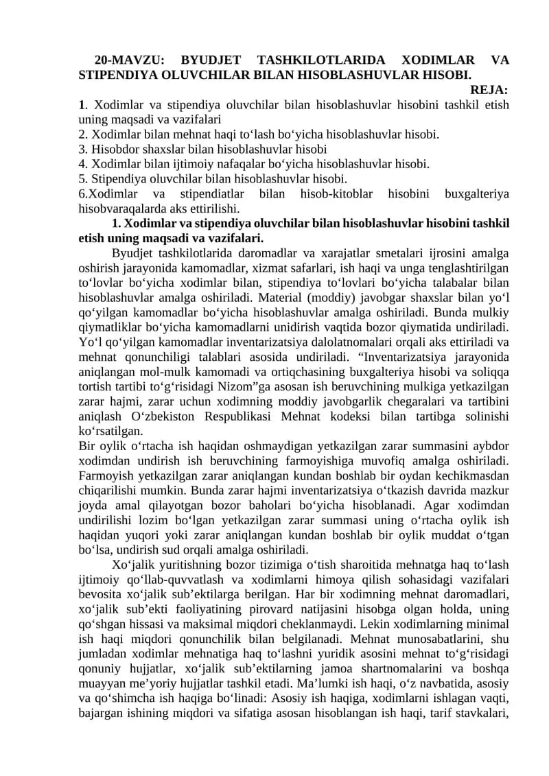 BYUDJET TASHKILOTLARIDA XODIMLAR VA STIPENDIYA OLUVCHILAR BILAN HISOBLASHUVLAR HISOBI