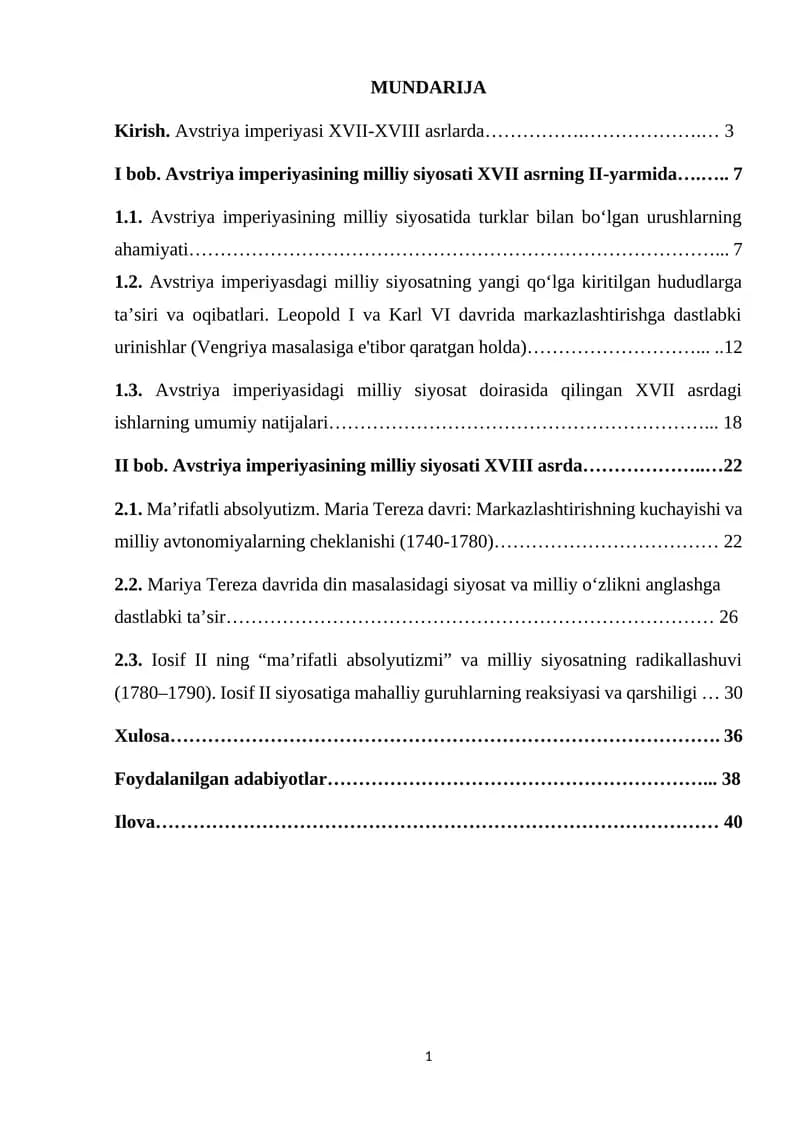 Kurs ishi. Avstriya imperiyasida milliy siyosat(XVII asr 2-yarmi XVIII asr)