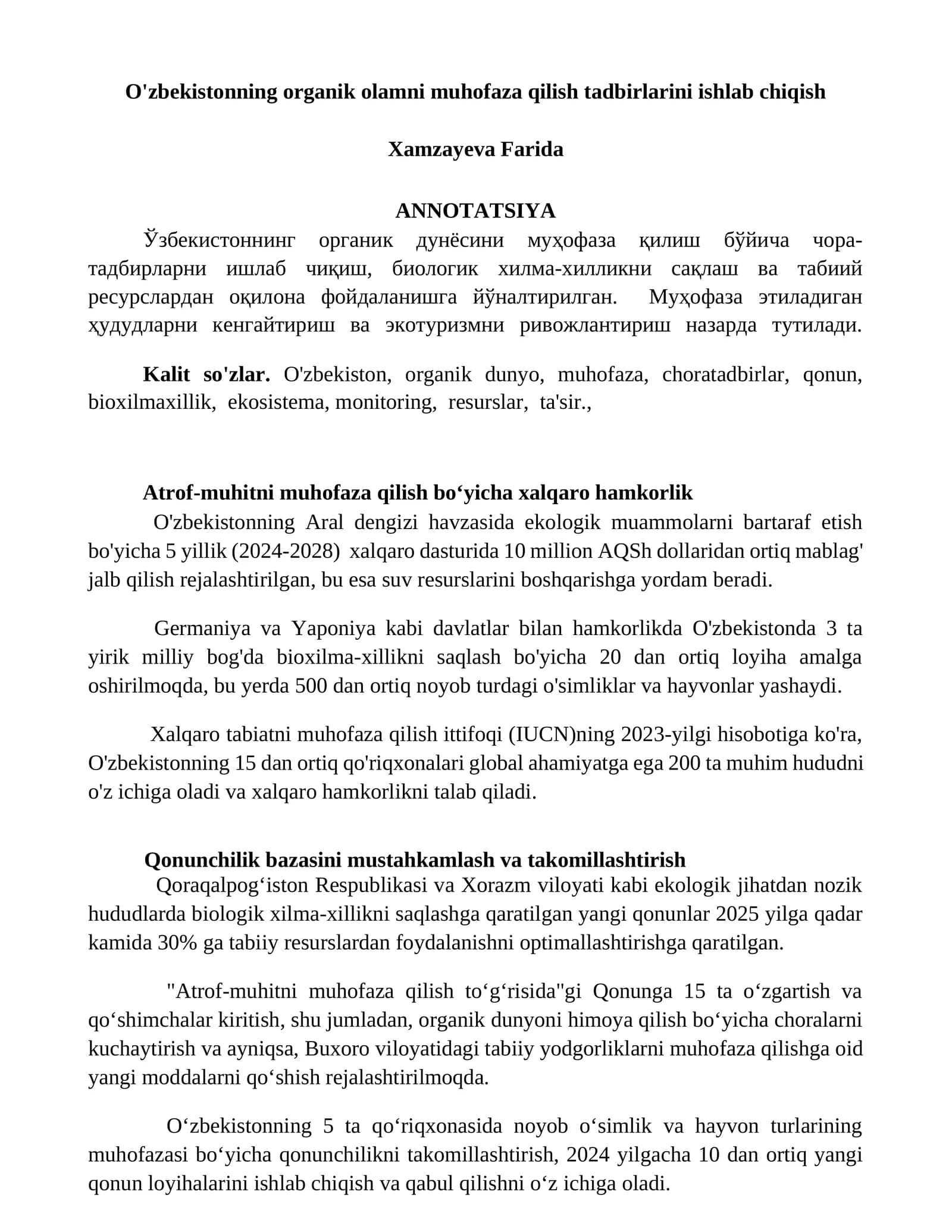 O'zbekistonning organik olamni muhofaza qilish tadbirlarini ishlab chiqish