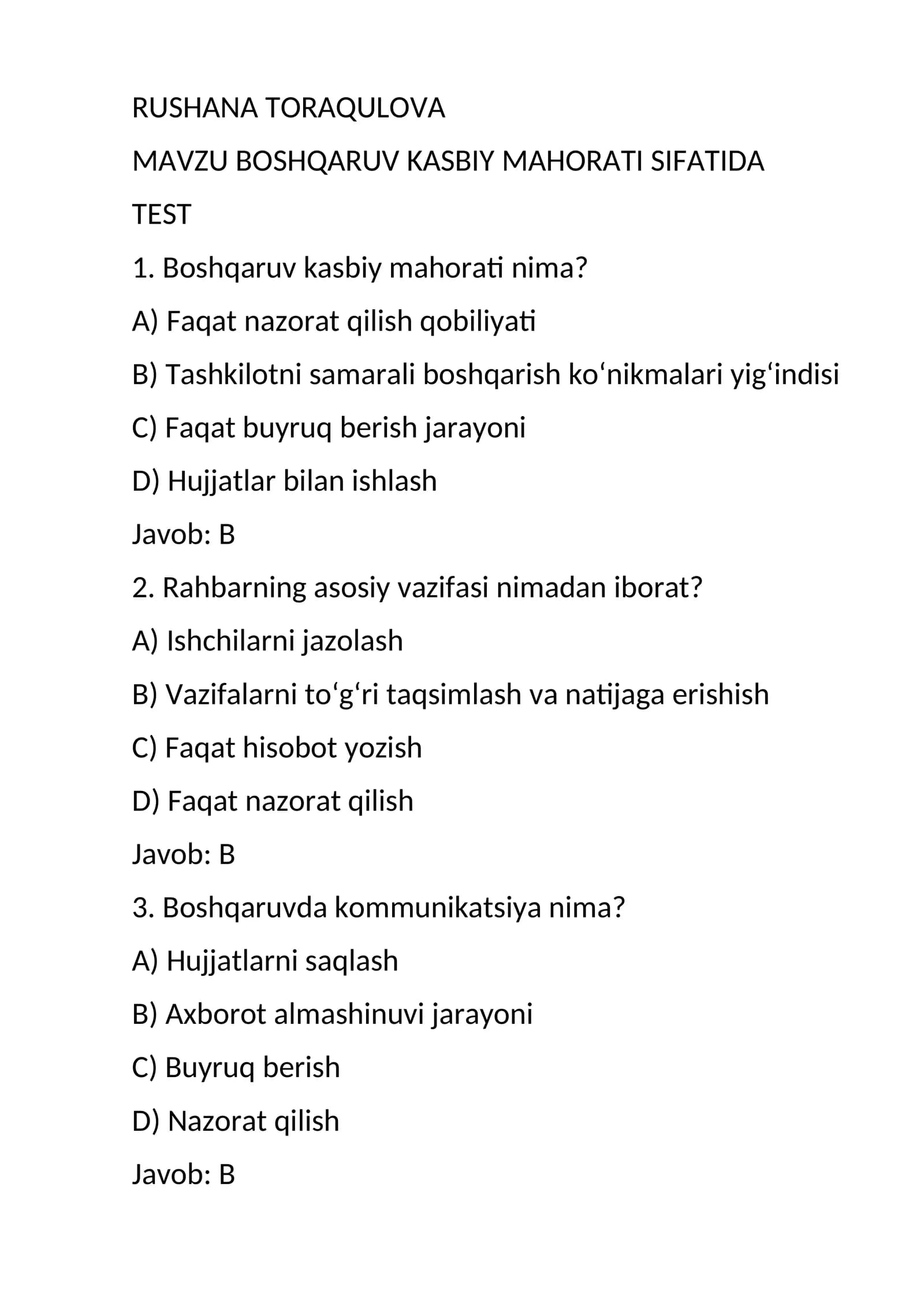BOSHQARUV KASBIY MAHORATI SIFATIDA