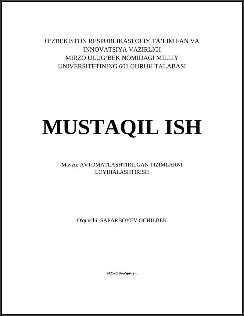 Avtomatlashtirilgan Tizimlarni Loyihalashtirish