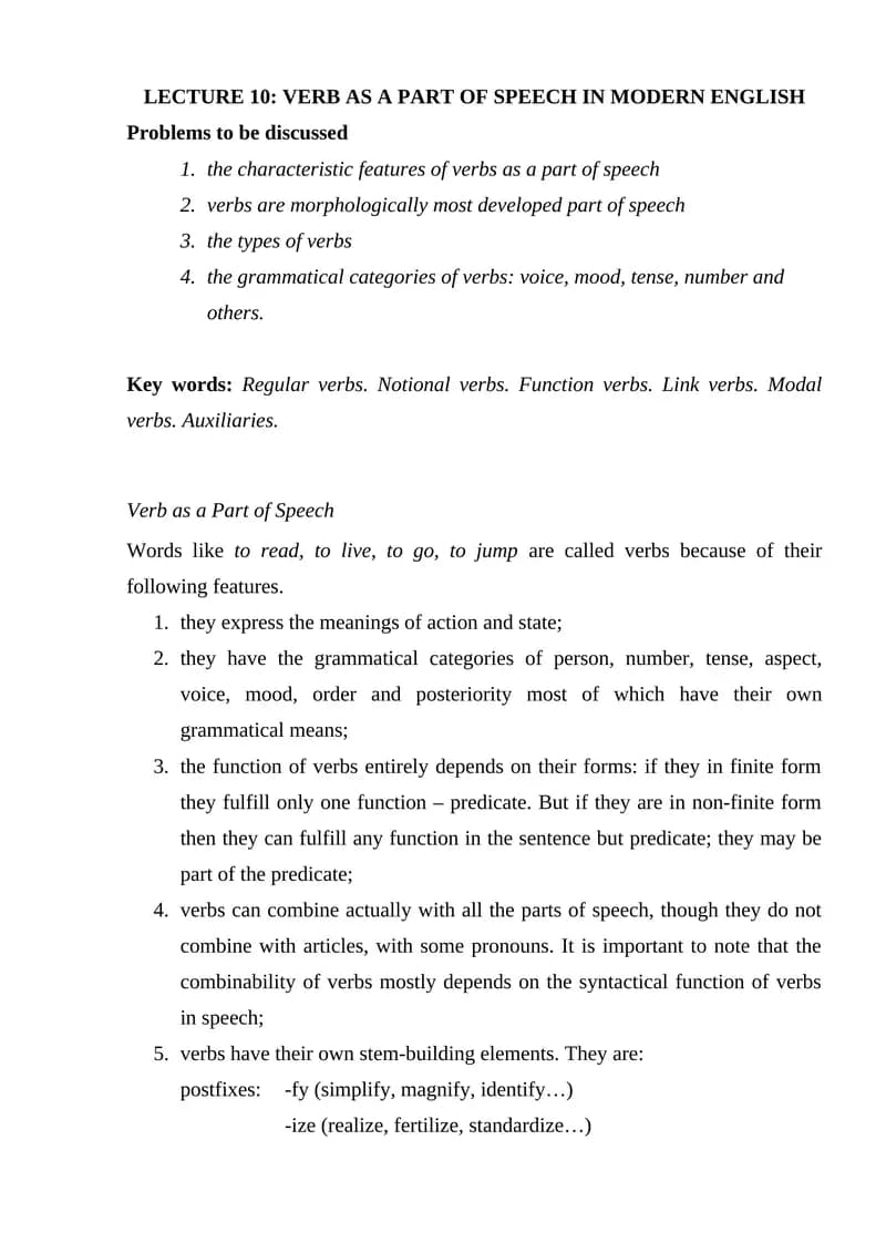 Lecture 10: Verb as a Part of Speech in Modern English