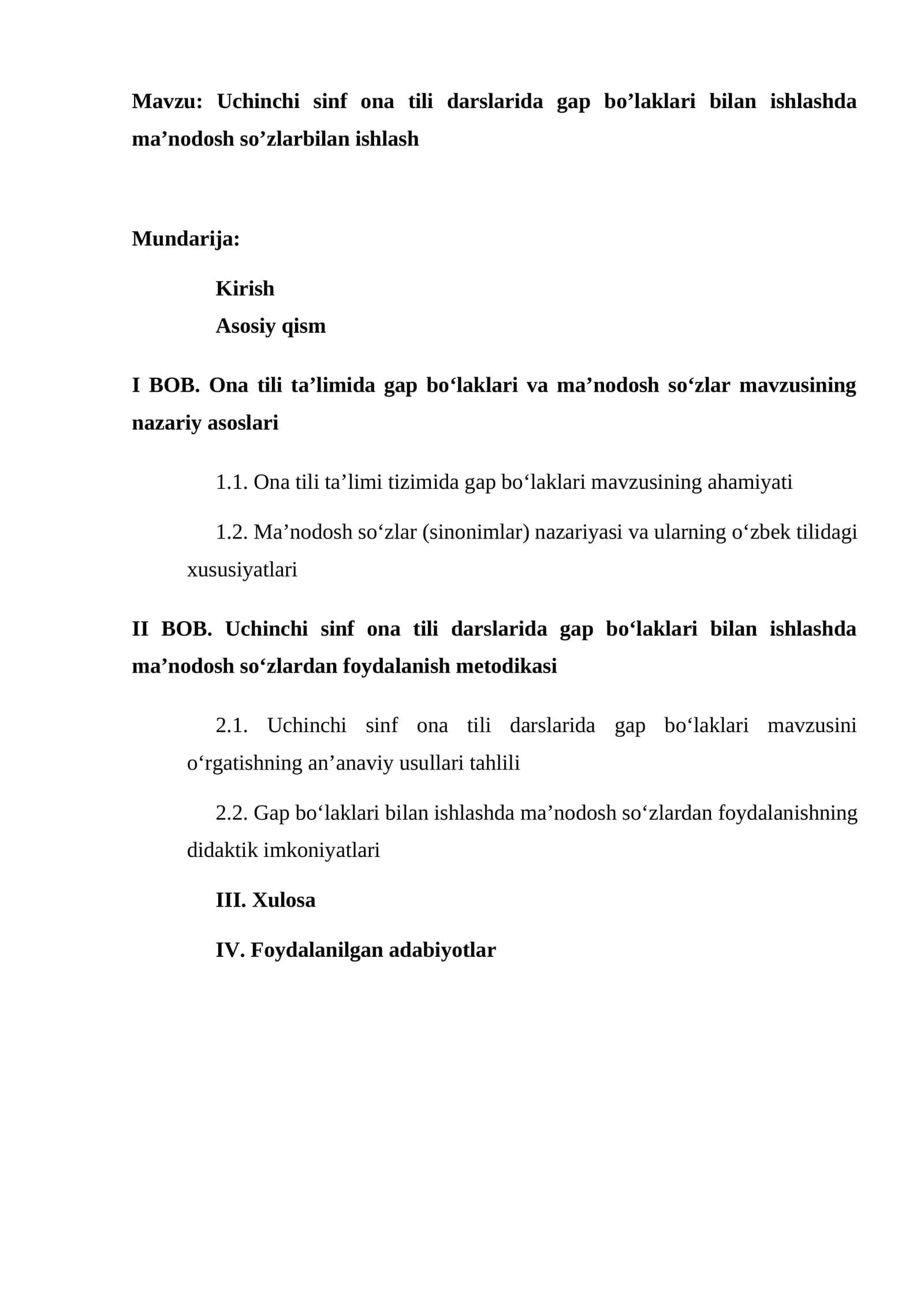 Uchinchi sinf ona tili darslarida gap bo’laklari bilan ishlashda ma’nodosh so’zlarbilan ishlash
