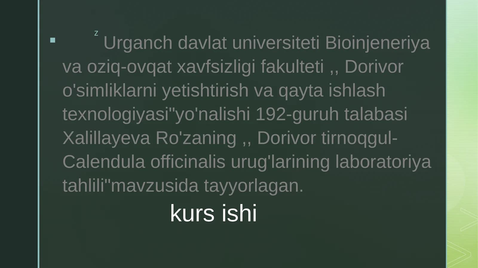 Tirnoqgul (Calendula officinalis) o’simligi urug’larini labaratoriya tahlili