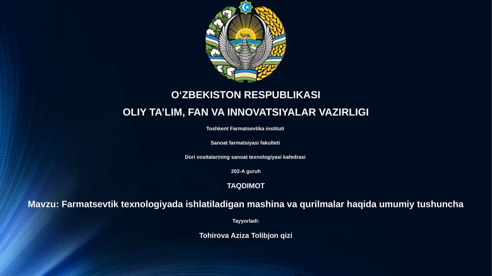 Farmatsevtik texnologiyada ishlatiladigan mashina va qurilmalar haqida umumiy tushuncha