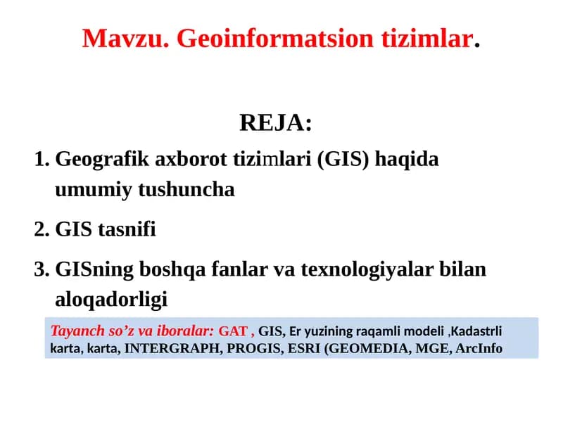 Mavzu. Geoinformatsion tizimlar.