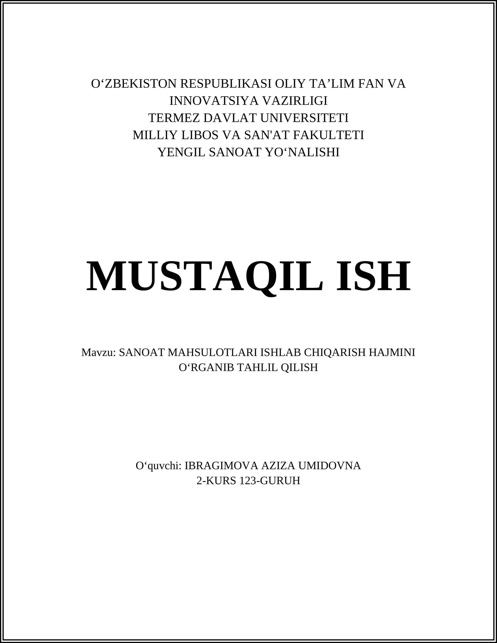 Sanoat Mahsulotlari Ishlab Chiqarish Hajmini Oʻrganib Tahlil Qilish