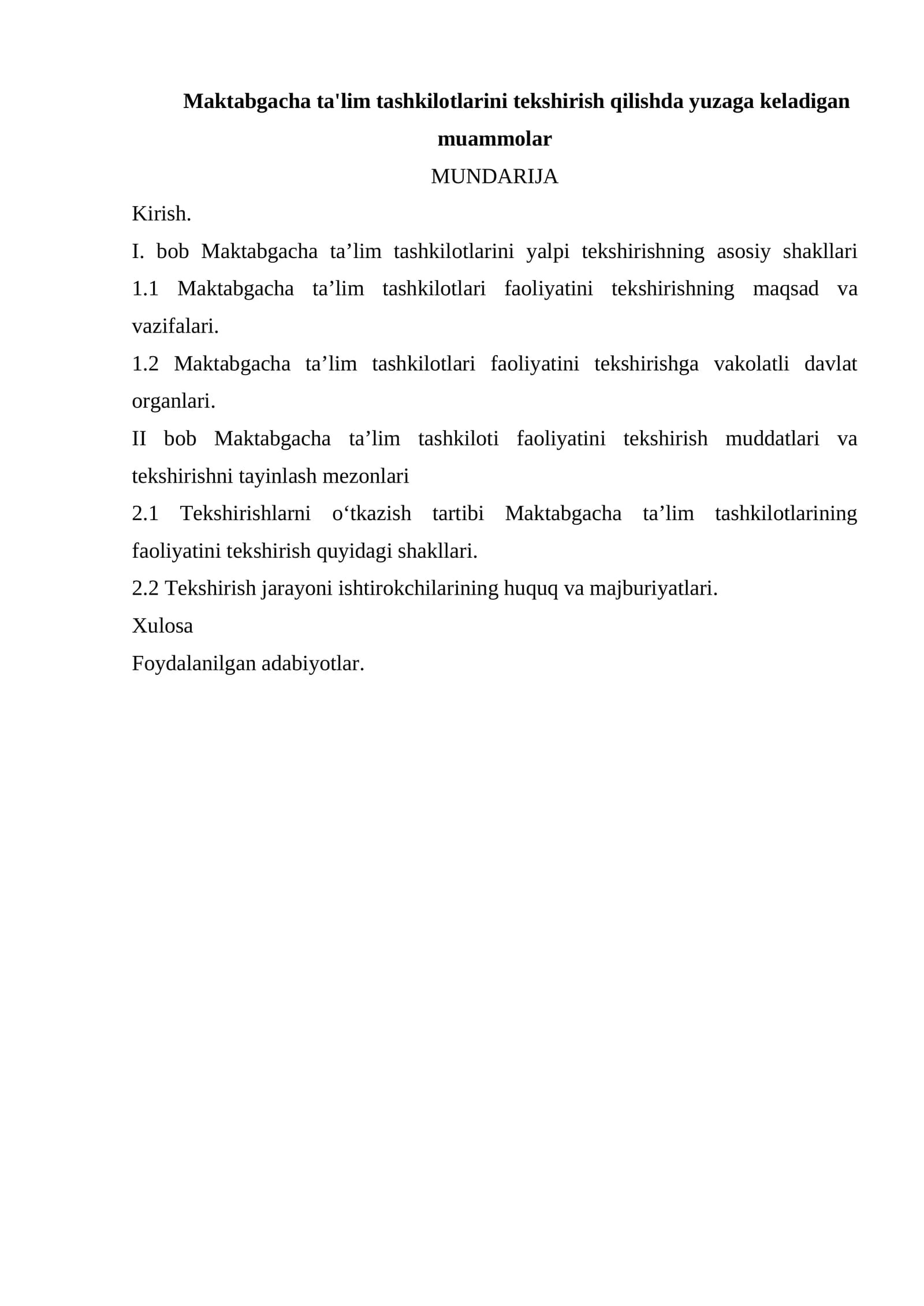 Maktabgacha ta'lim tashkilotlarini tekshirish qilishda yuzaga keladigan muammolar