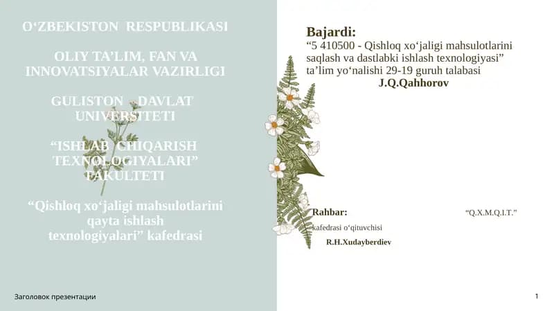 Kanopni saqlash va xom ashyoni qayta ishlash texnologiyasi