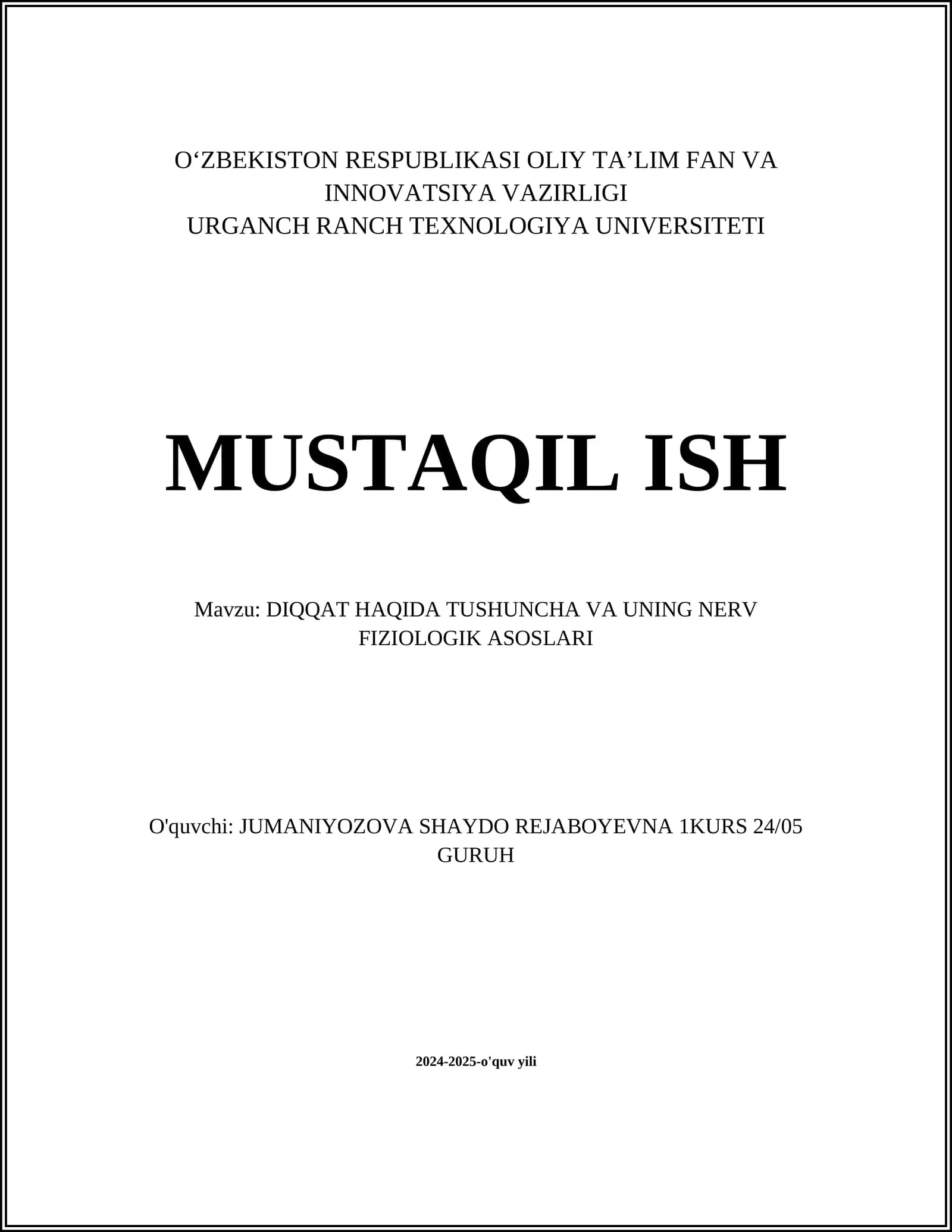 DIQQAT HAQIDA TUSHUNCHA VA UNING NERV FIZIOLOGIK ASOSLARI