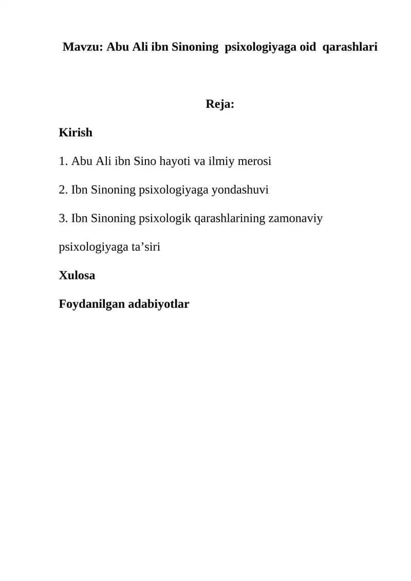 Abu Ali ibn Sinoning psixologiyaga oid qarashlari