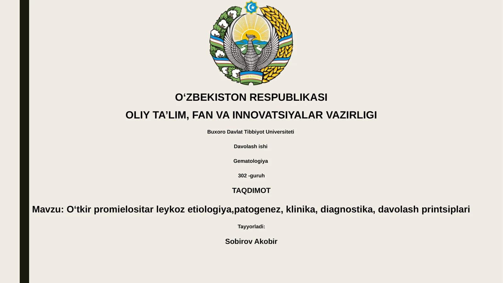 Oʻtkir promielositar leykoz etiologiya,patogenez, klinika, diagnostika, davolash printsiplari