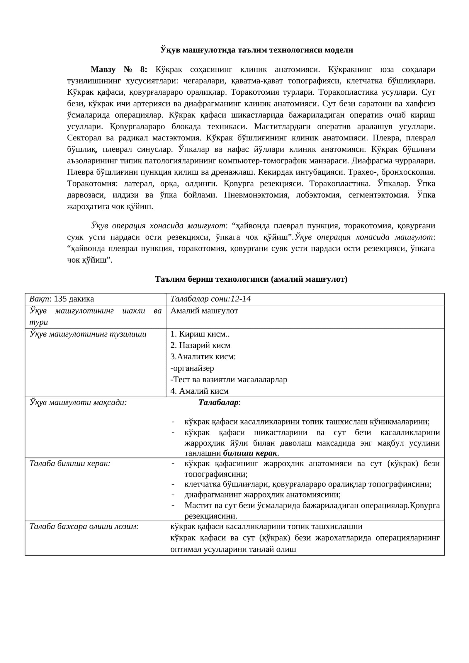 Кўкрак соҳасининг клиник анатомияси