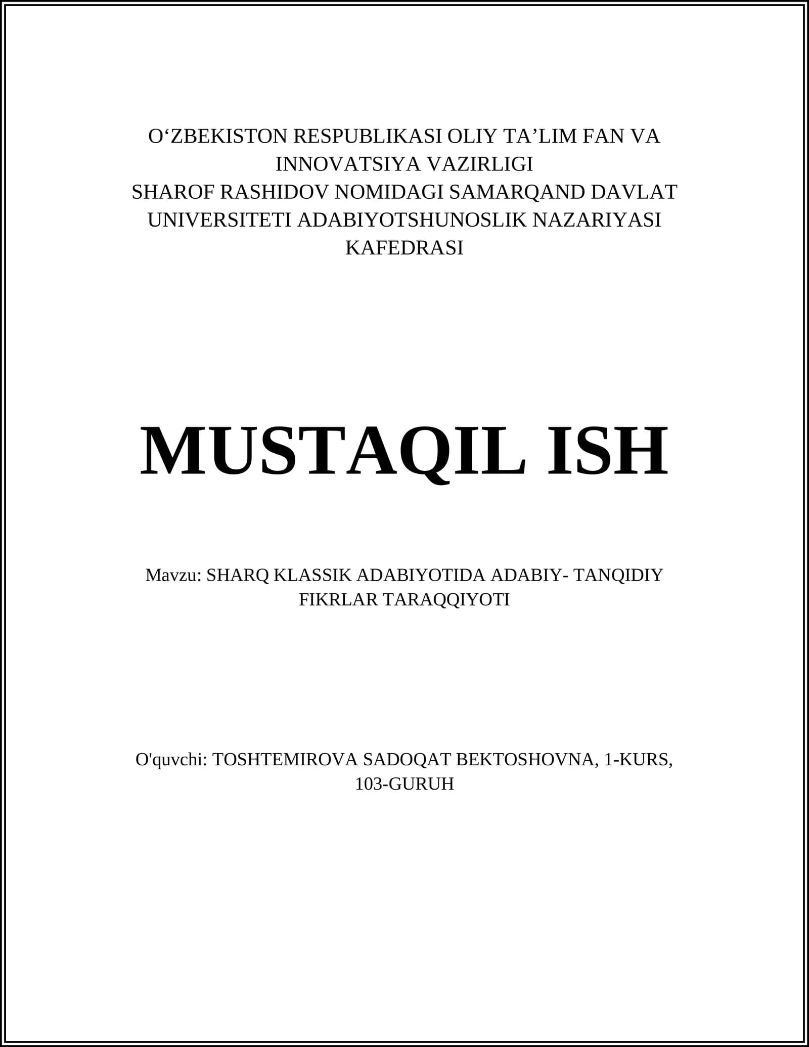 SHARQ KLASSIK ADABIYOTIDA ADABIY- TANQIDIY FIKRLAR TARAQQIYOTI