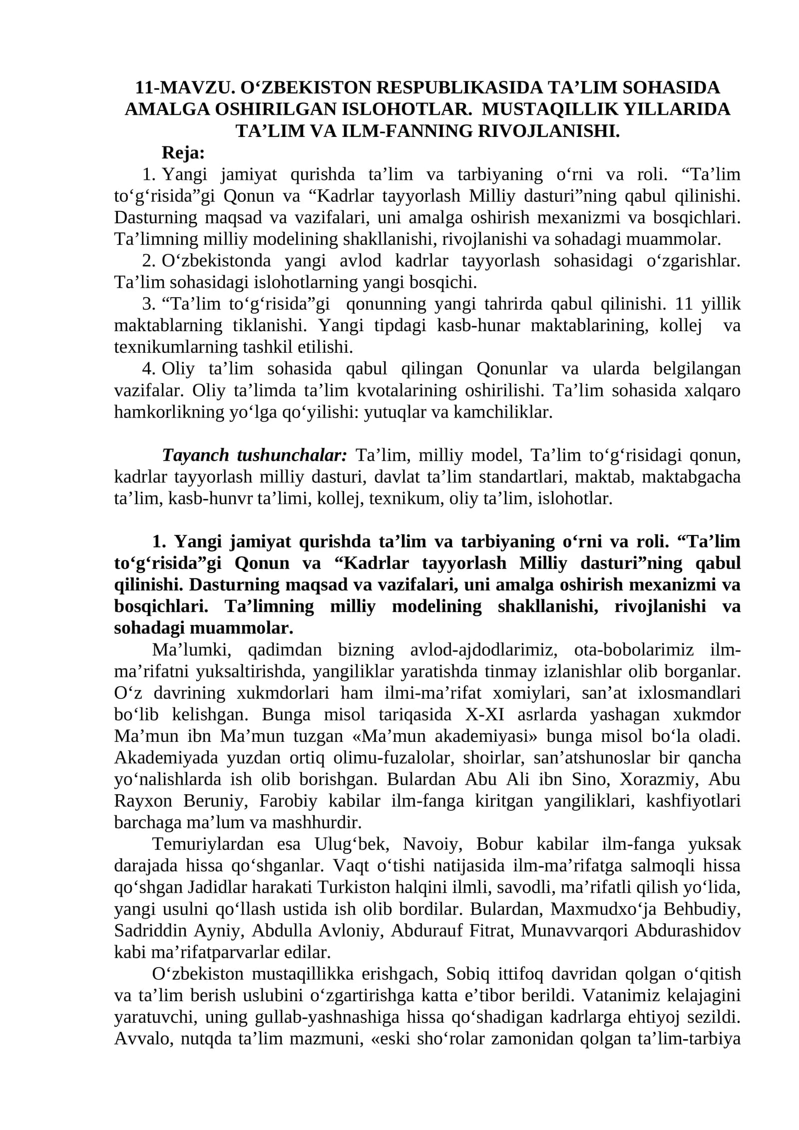 О‘ZBEKISTON RESPUBLIKASIDA TA’LIM SOHASIDA AMALGA OSHIRILGAN ISLOHOTLAR. MUSTAQILLIK YILLARIDA TA’LIM VA ILM-FANNING RIVOJLANISHI