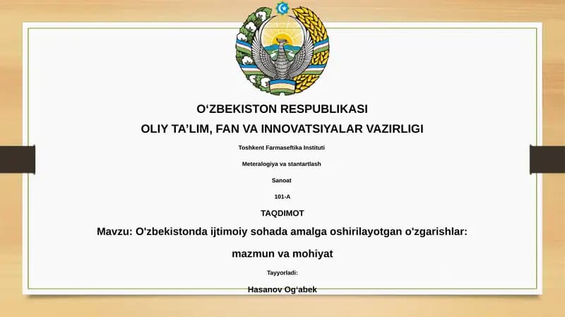 O'zbekistonda ijtimoiy sohada amalga oshirilayotgan o'zgarishlar: mazmun va mohiyat