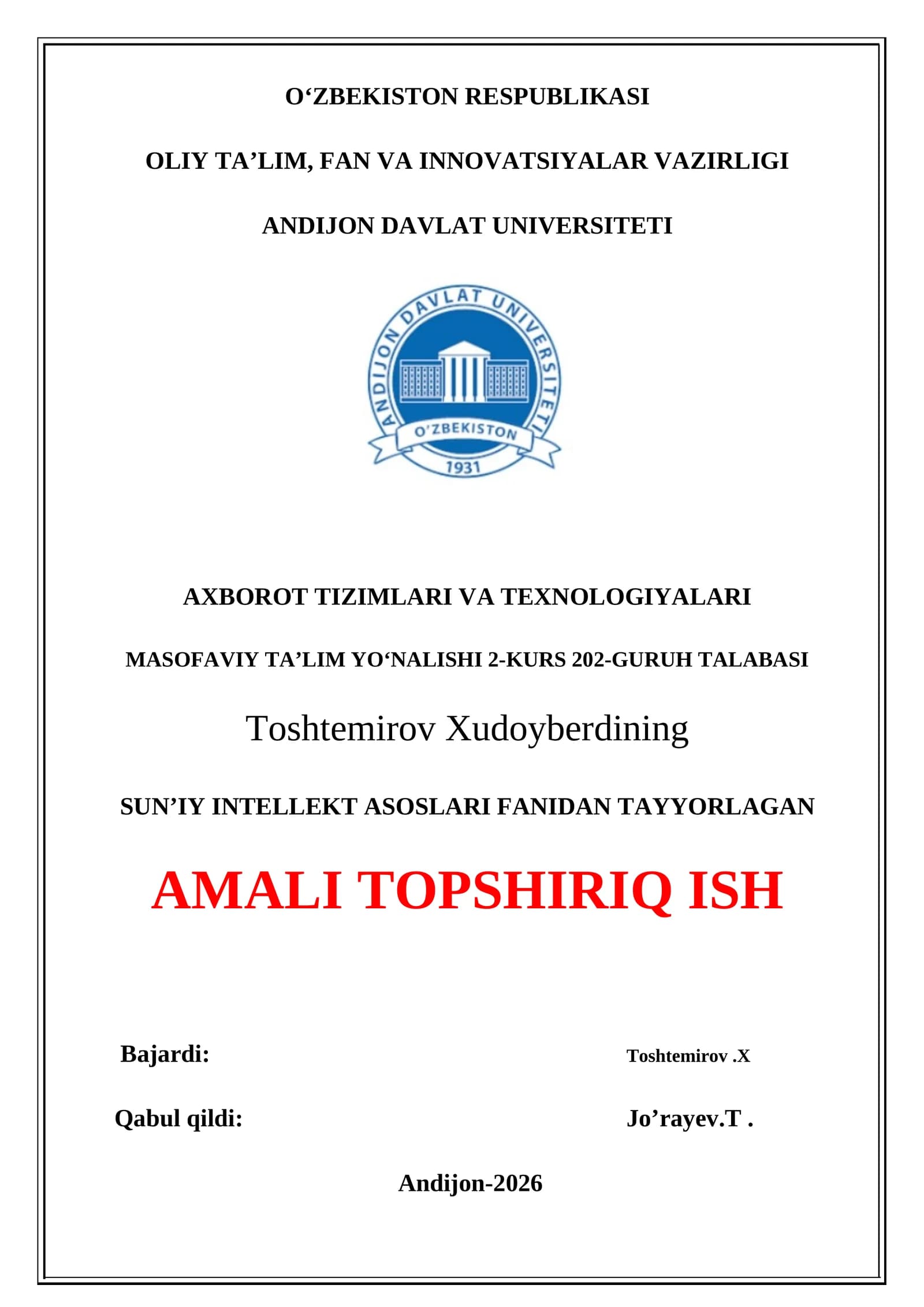 SUN’IY INTELLEKT ASOSLARI FANIDAN TAYYORLAGAN AMALI TOPSHIRIQ ISH