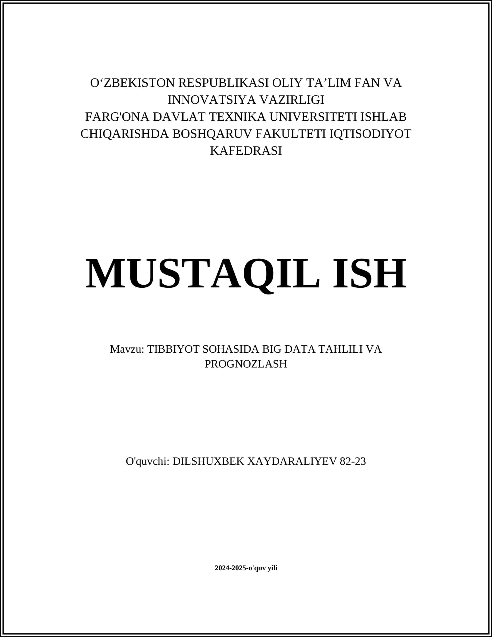 TIBBIYOT SOHASIDA BIG DATA TAHLILI VA PROGNOZLASH