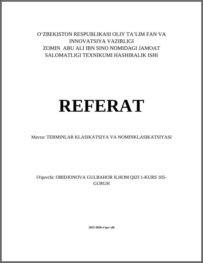 TERMINLAR KLASIKATSIYA VA NOMINKLASIKATSIYASI REFERAT