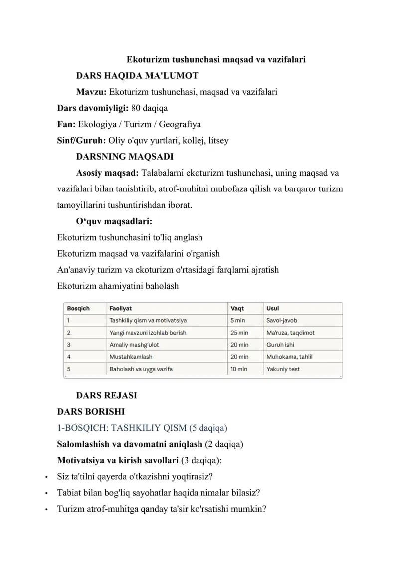 Ekoturizm tushunchasi maqsad va vazifalari