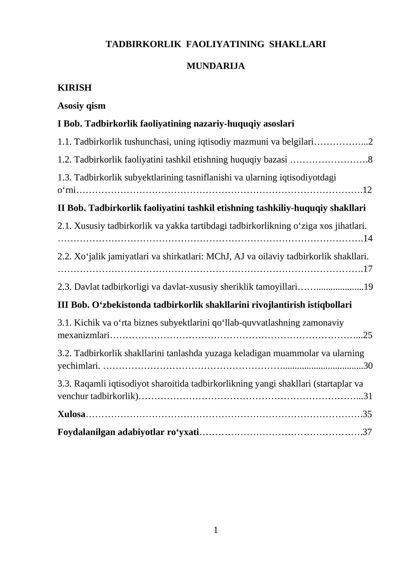 TADBIRKORLIK FAOLIYATINING SHAKLLARI