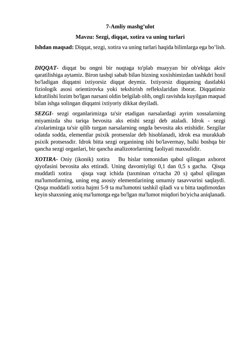 Sezgi, diqqat, xotira va uning turlari