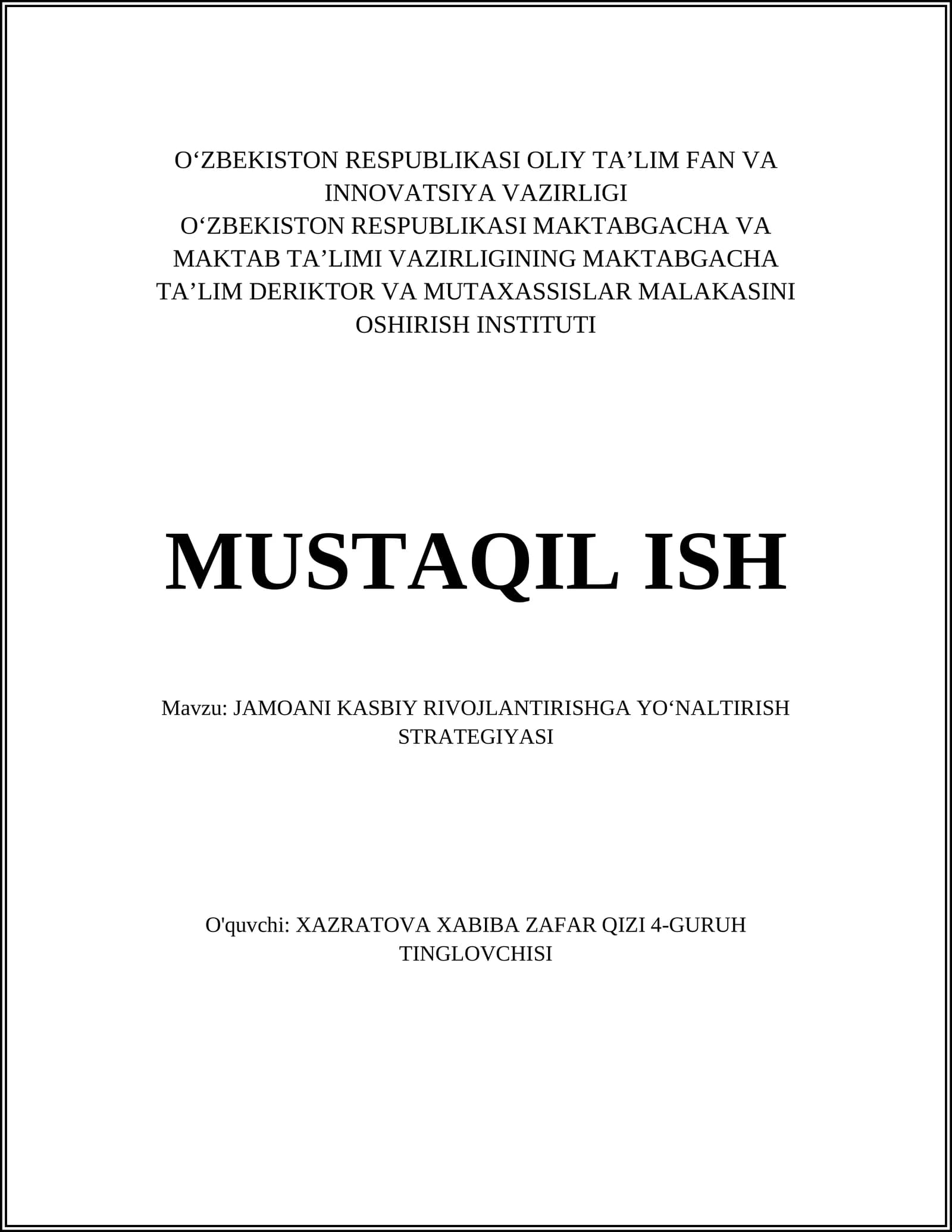 JAMOANI KASBIY RIVOJLANTIRISHGA YOʻNALTIRISH STRATEGIYASI