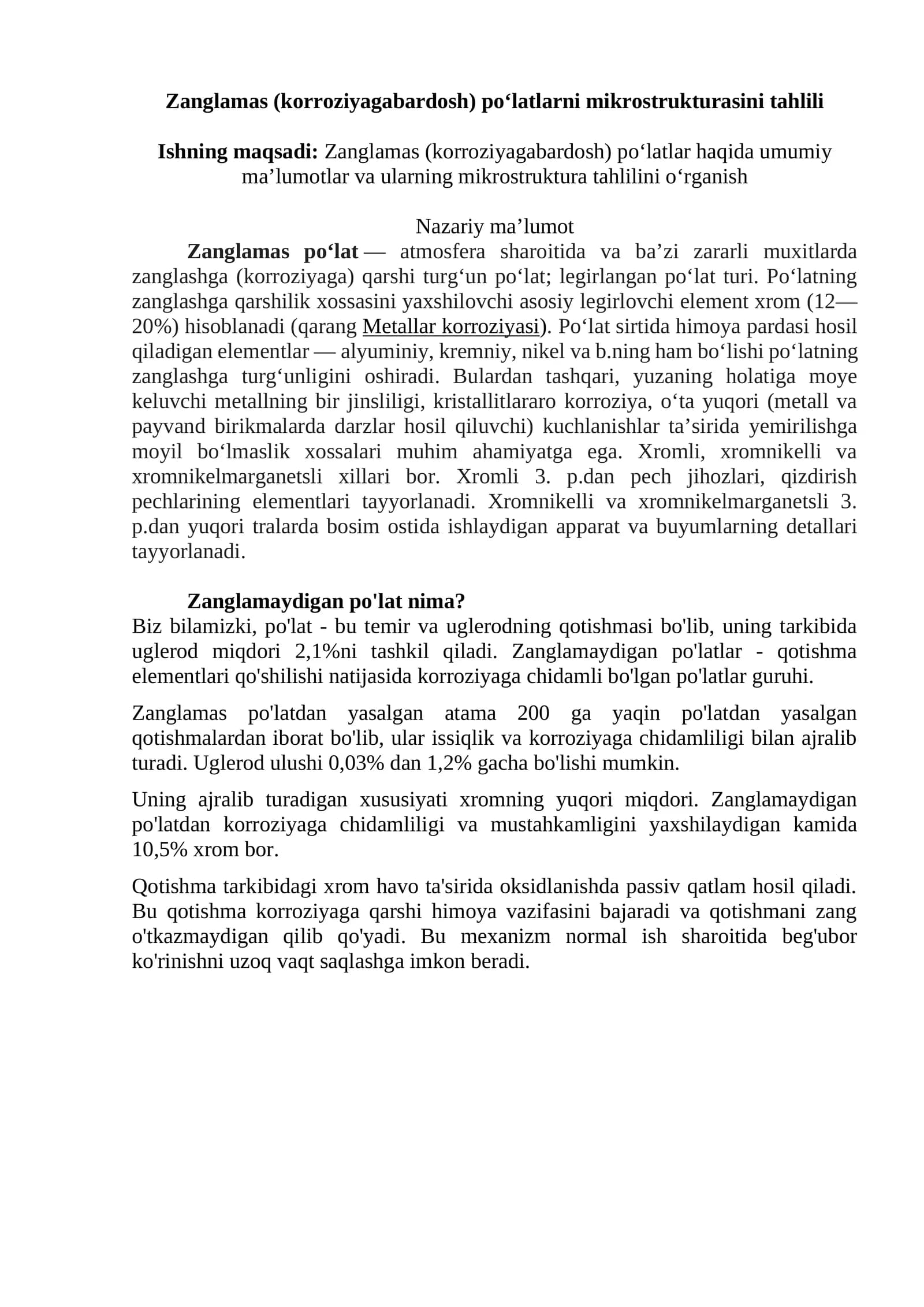 Zanglamas (korroziyagabardosh) po‘latlarni mikrostrukturasini tahlili