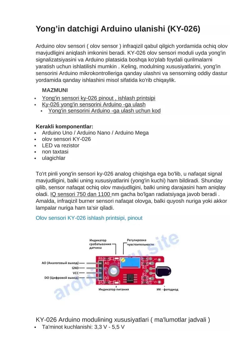 Yong’in datchigi Arduino ulanishi (KY-026)