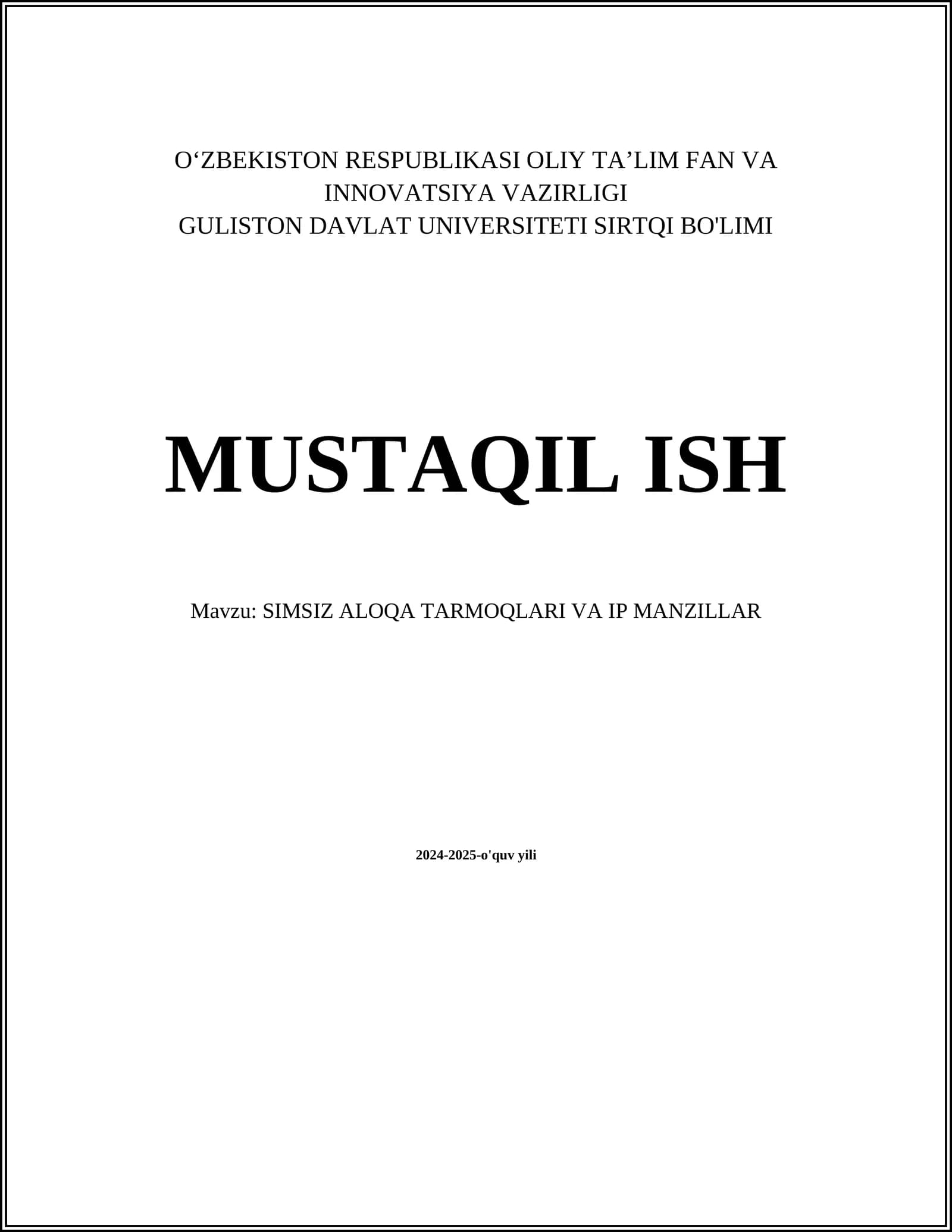 SIMSIZ ALOQA TARMOQLARI VA IP MANZILLAR