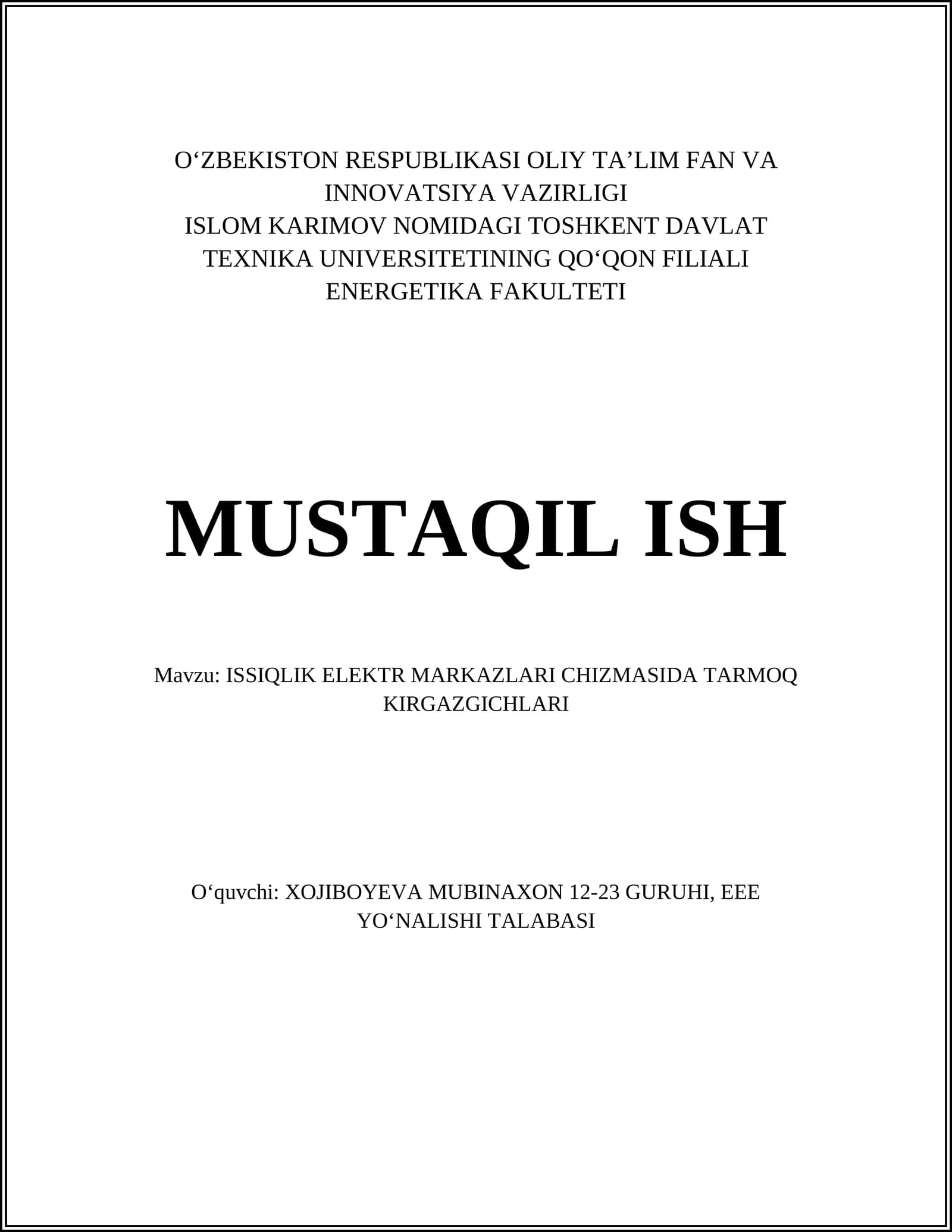 ISSIQLIK ELEKTR MARKAZLARI CHIZMASIDA TARMOQ KIRGAZGICHLARI