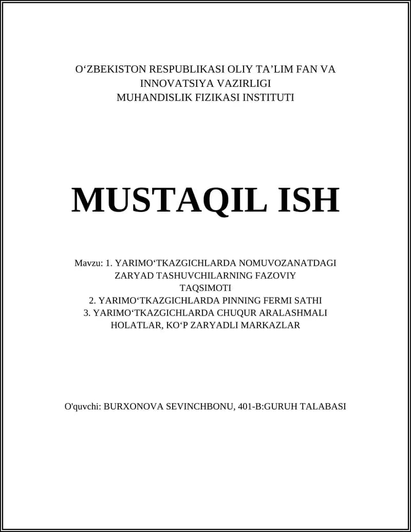 MUHANDISLIK FIZIKASI INSTITUTI MUSTAQIL ISH
