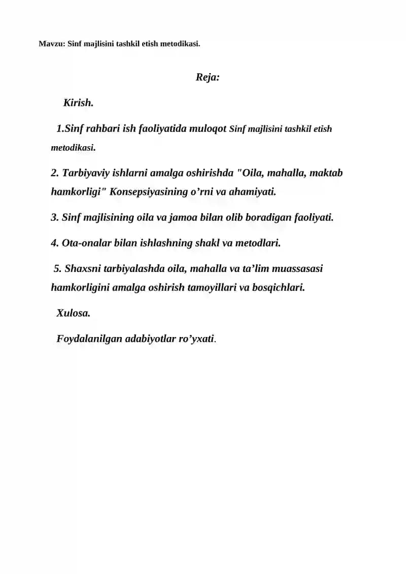 Sinf majlisini tashkil etish metodikasi