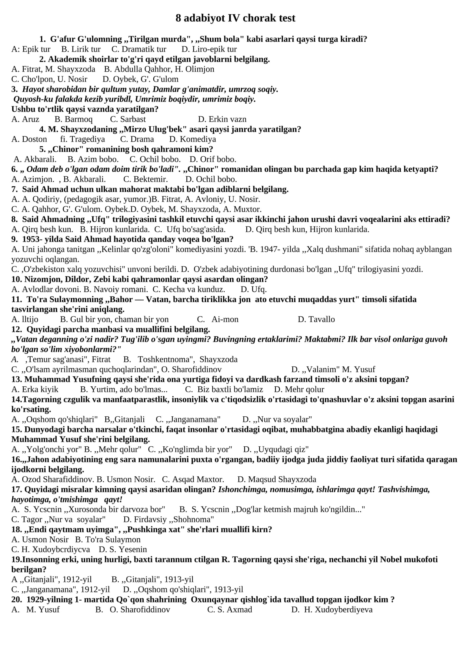 8 adabiyot IV chorak test