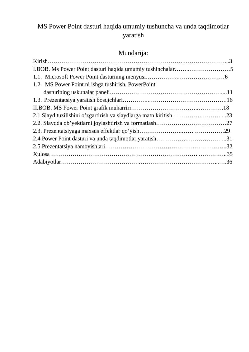 MS Power Point dasturi haqida umumiy tushuncha va unda taqdimotlar yaratish