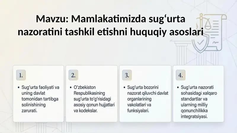 Mamlakatimizda sugʻurta nazoratini tashkil etishni huquqiy asoslari