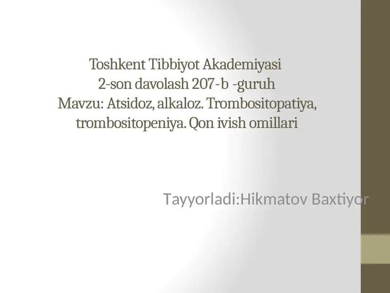 Nafas atsidozi, metabolik atsidoz, nafas alkalozi va metabolik alkalozlarning kelib chiqishi, biokimyoviy tashxisi