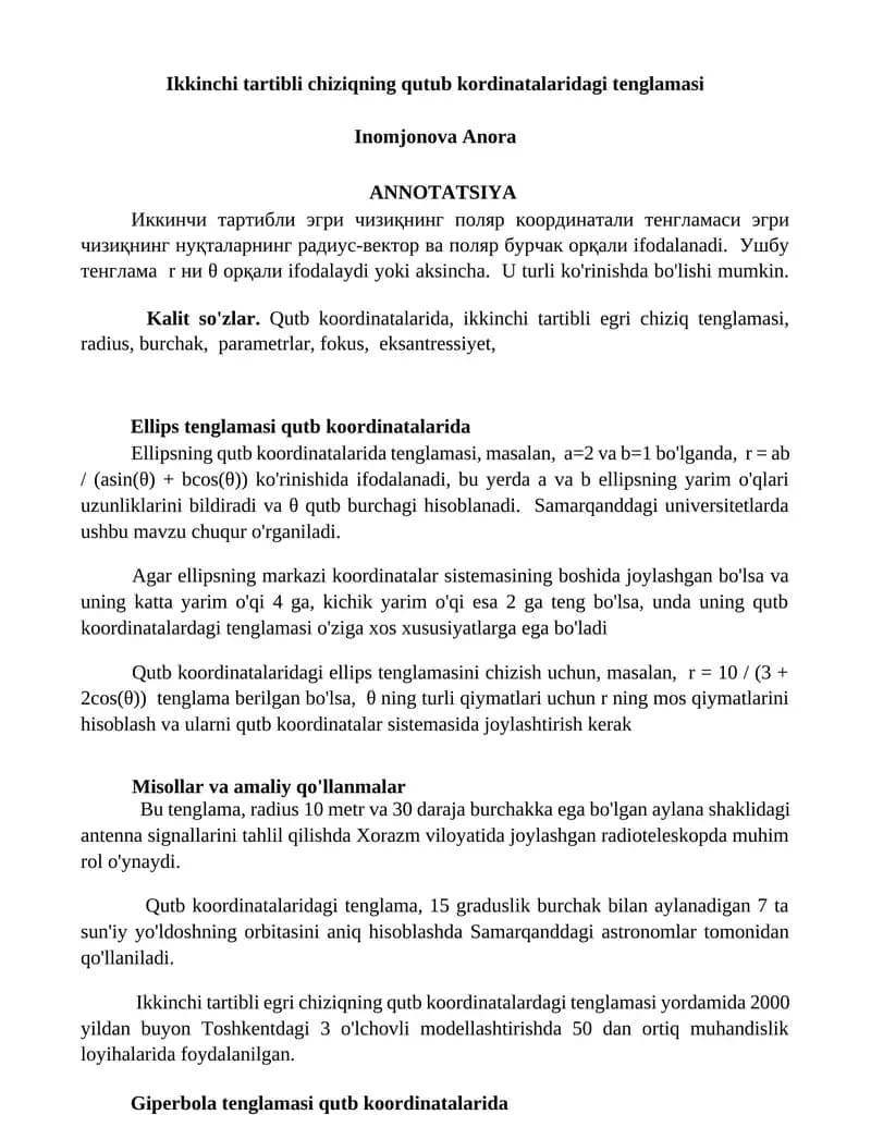 Ikkinchi tartibli chiziqning qutub kordinatalaridagi tenglamasi