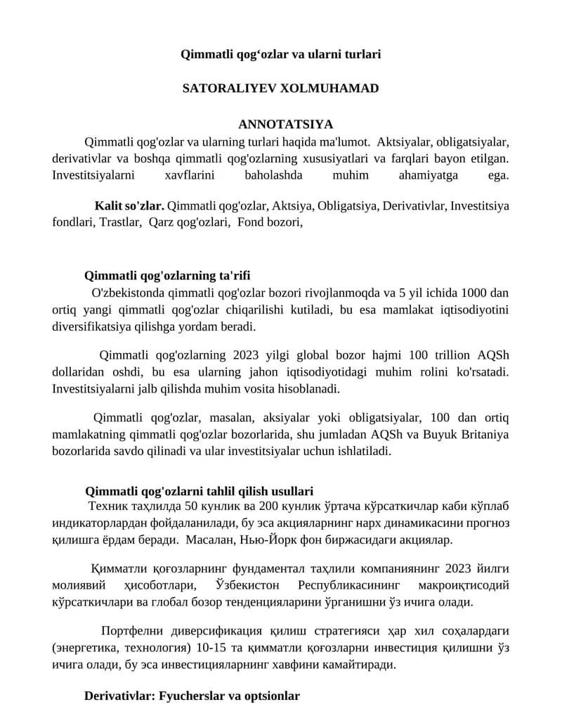 Qimmatli qog’ozlar va ularni turlari