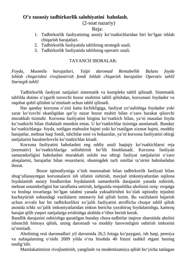 Tadbirkorlik faoliyati natijalari