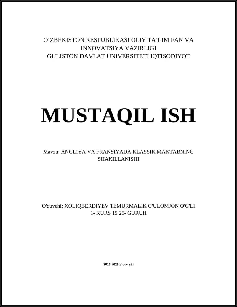 Angliya va Fransiyada Klassik Maktabning Shakillanishi