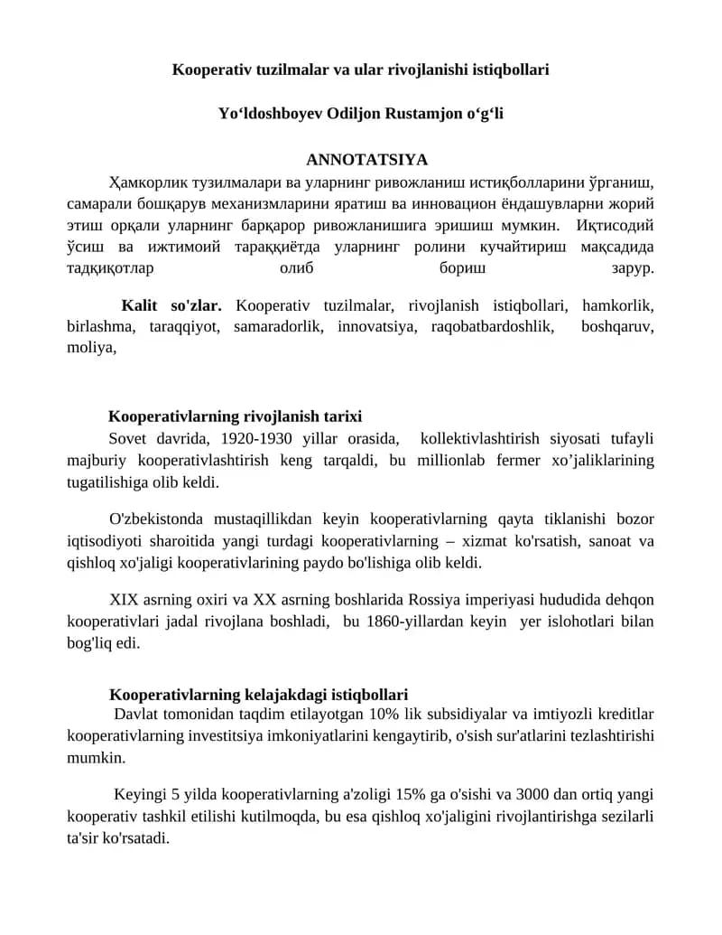 Kooperativ tuzilmalar va ular rivojlanishi istiqbollari
