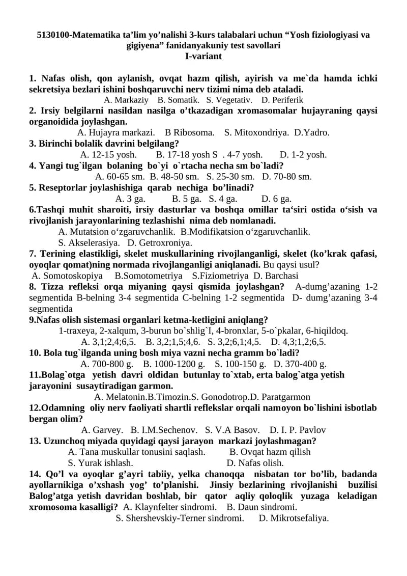 Yosh fiziologiyasi va gigiyena fanidanyakuniy test savollari