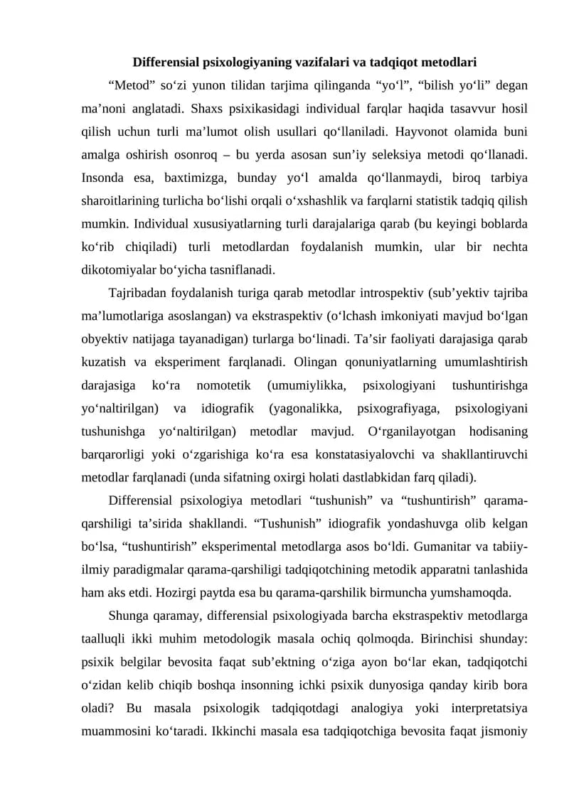 Differensial psixologiyaning vazifalari va tadqiqot metodlari