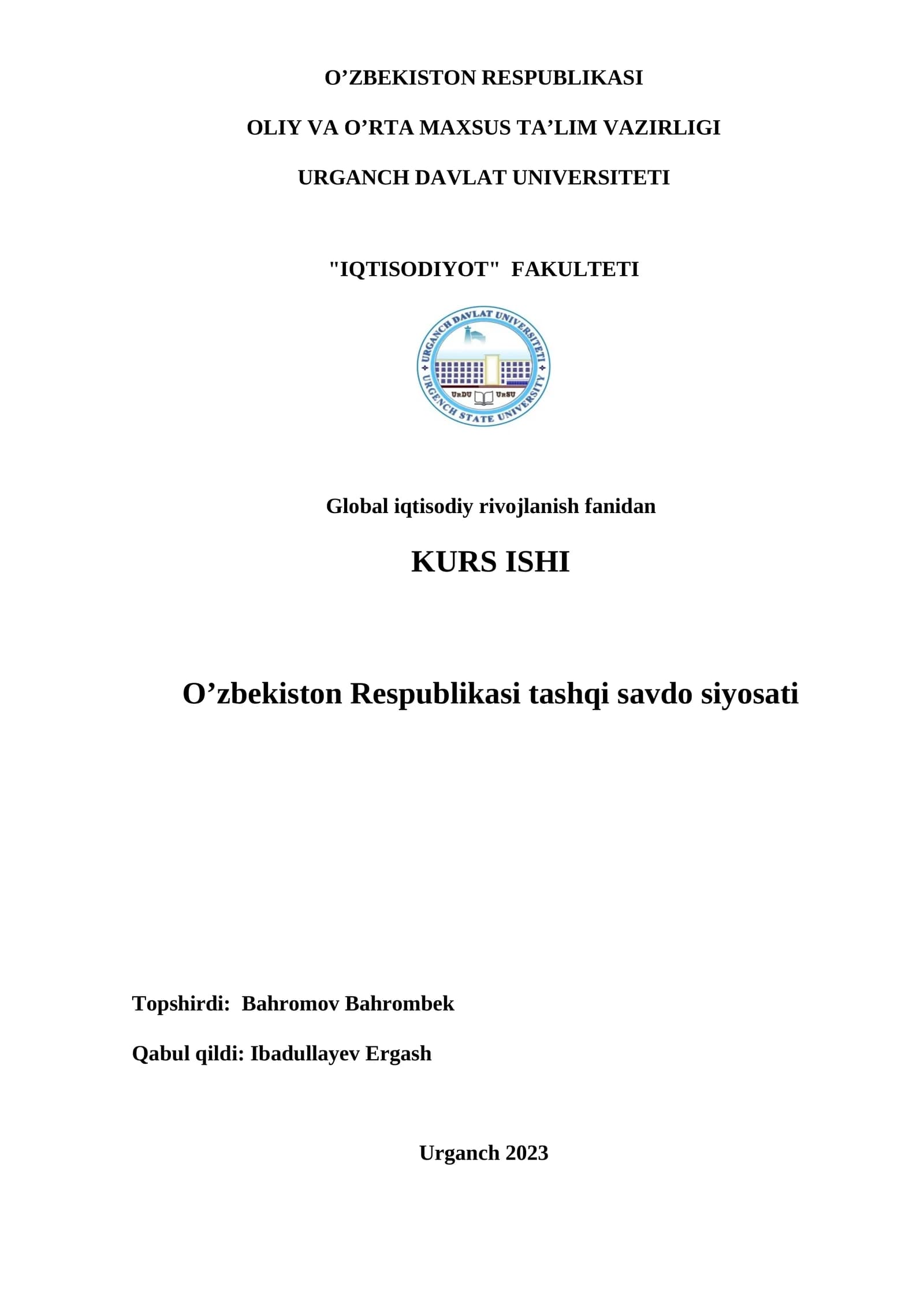 Global iqtisodiy rivojlanish fаnidаn KURS ISHI