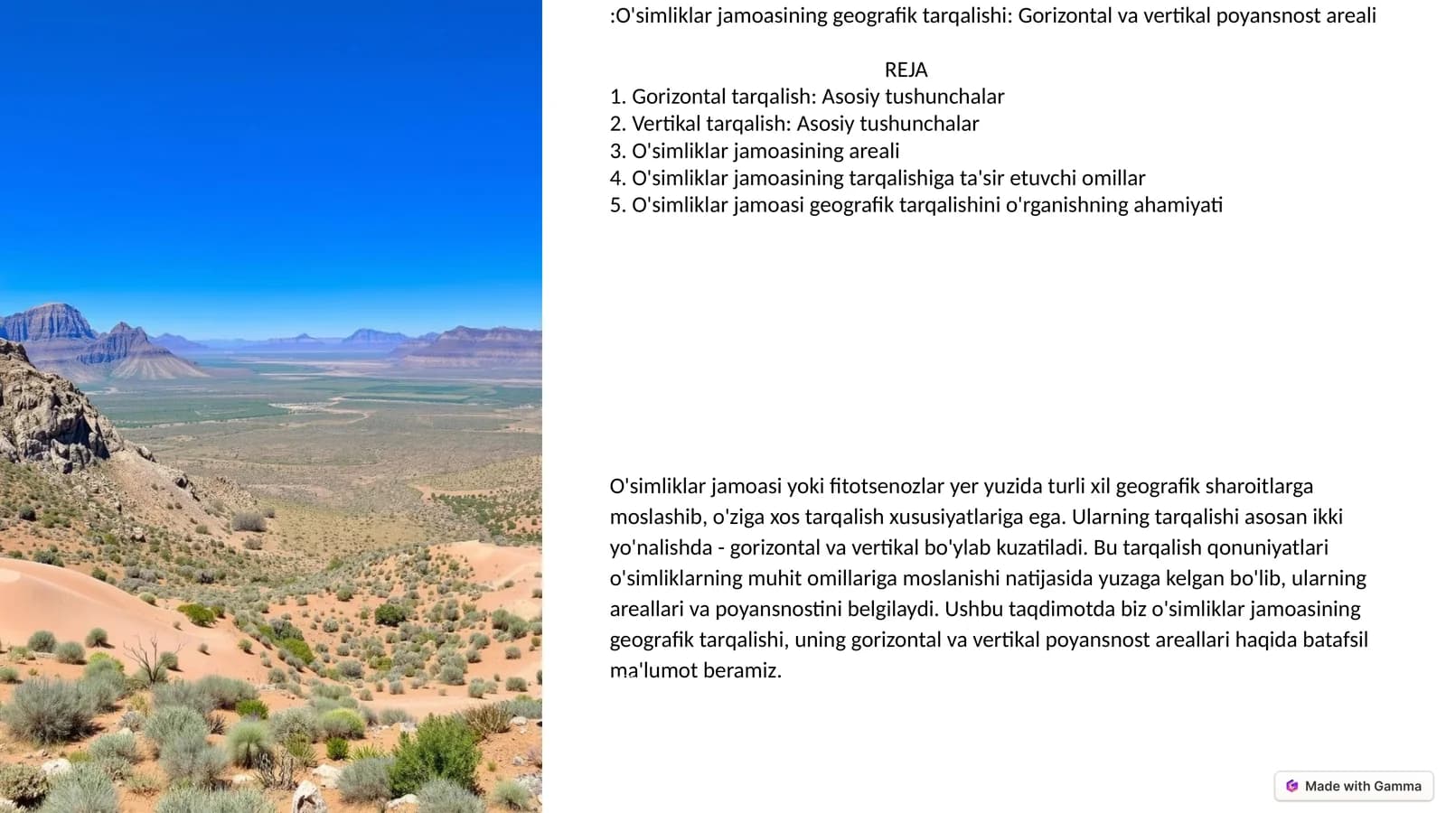 O'simliklar jamoasining geografik tarqalishi: Gorizontal va vertikal poyansnost areali