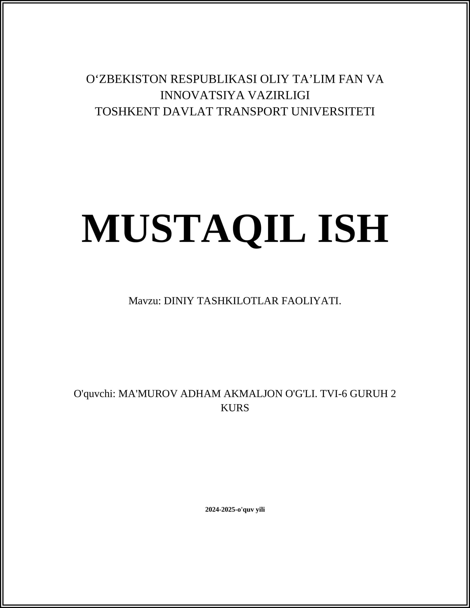 DINIY TASHKILOTLAR FAOLIYATI