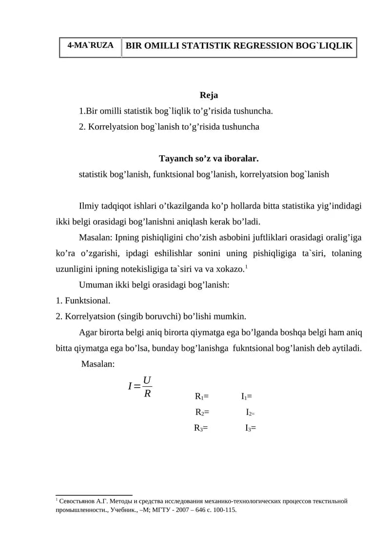 BIR OMILLI STATISTIK REGRESSION BOG`LIQLIK